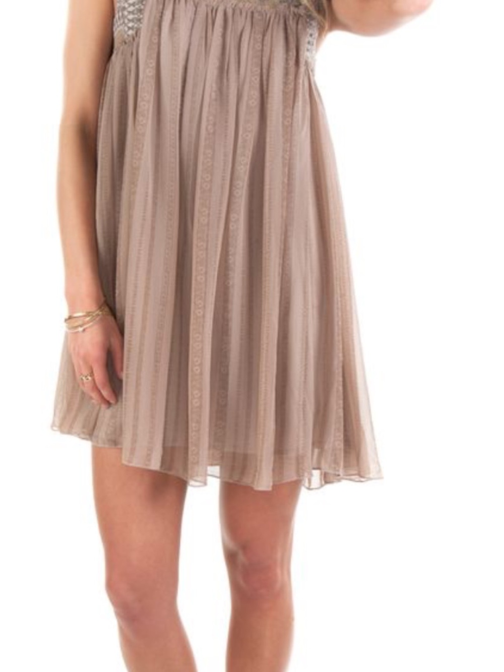 Free People Taupe Pleated Mini Dress with Sheer Overlay